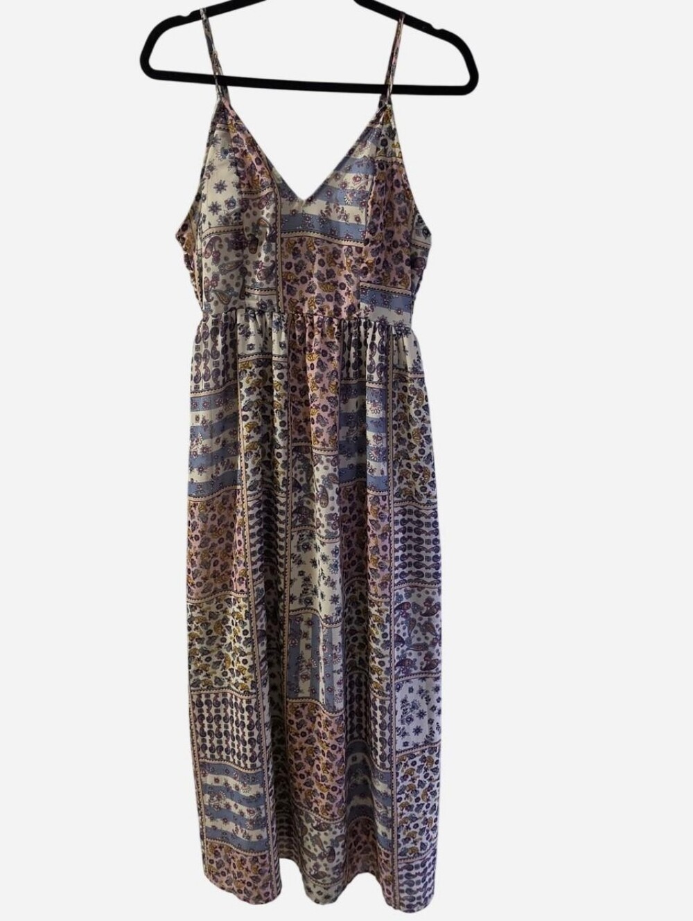 Japna V‑Neck Spaghetti Strap Patchwork Maxi Dress - Purple & Cream